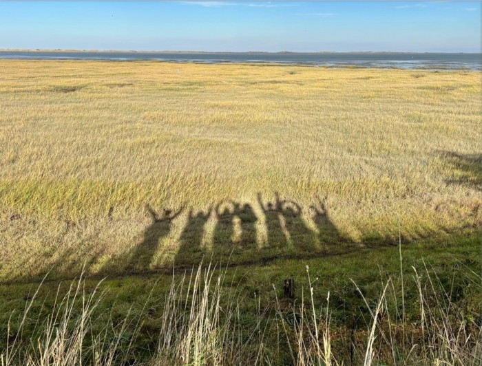 Six people’s shadows on grass with their arms up on a sunny day, overlooking a wide field and distant water.