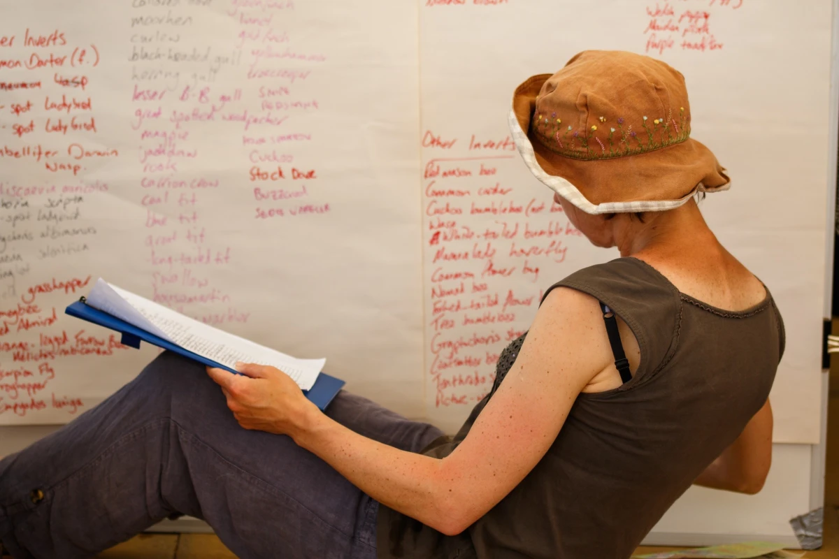 Person writing numbers on a board to record wildlife species