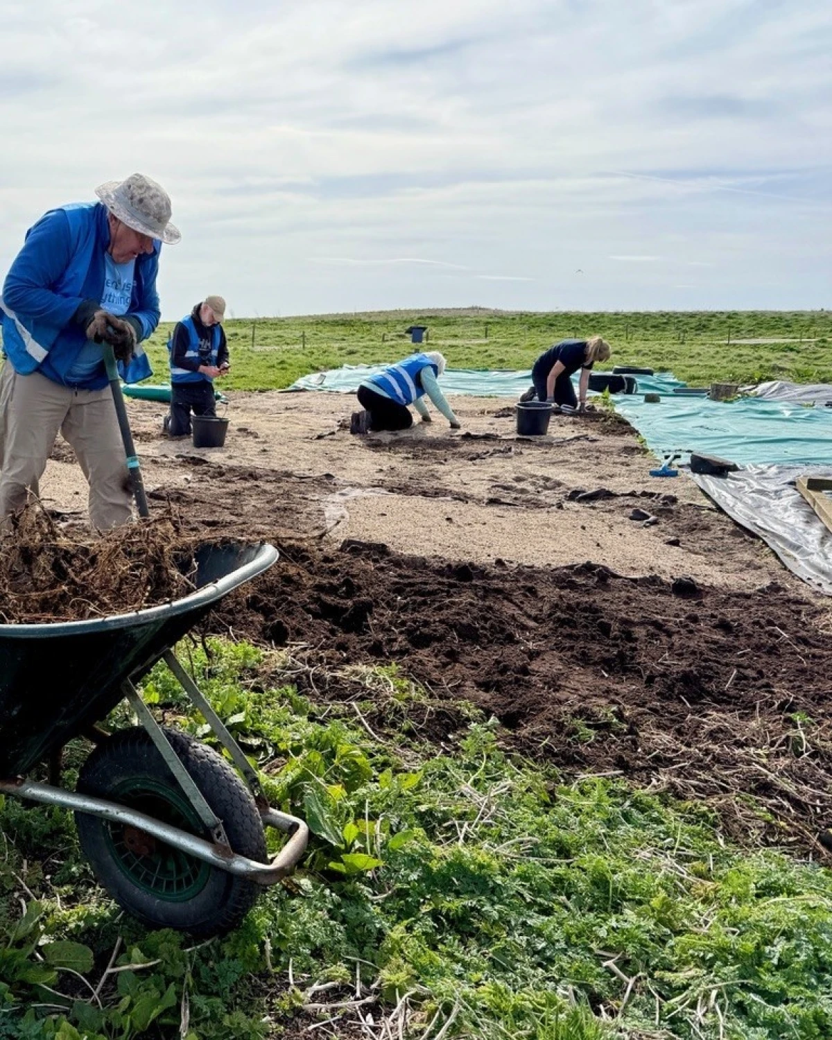 People digging and raking soil