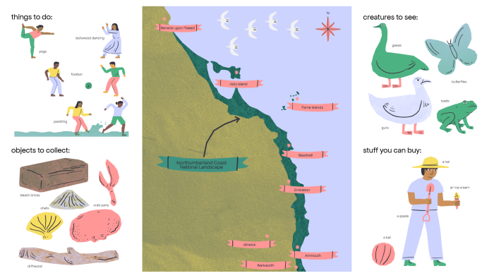 An illustrated map of the Northumberland Coast with things to see and do