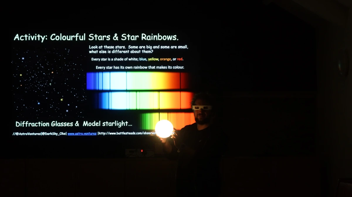 A man holds a sphere of light to demonstrate a star