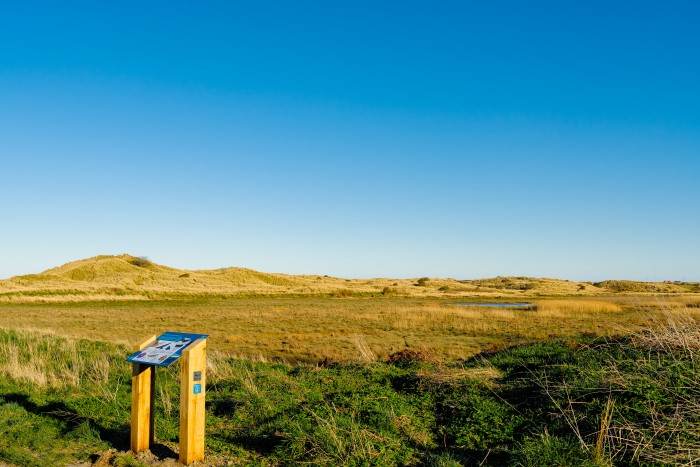 Sand dunes with sign in foreground